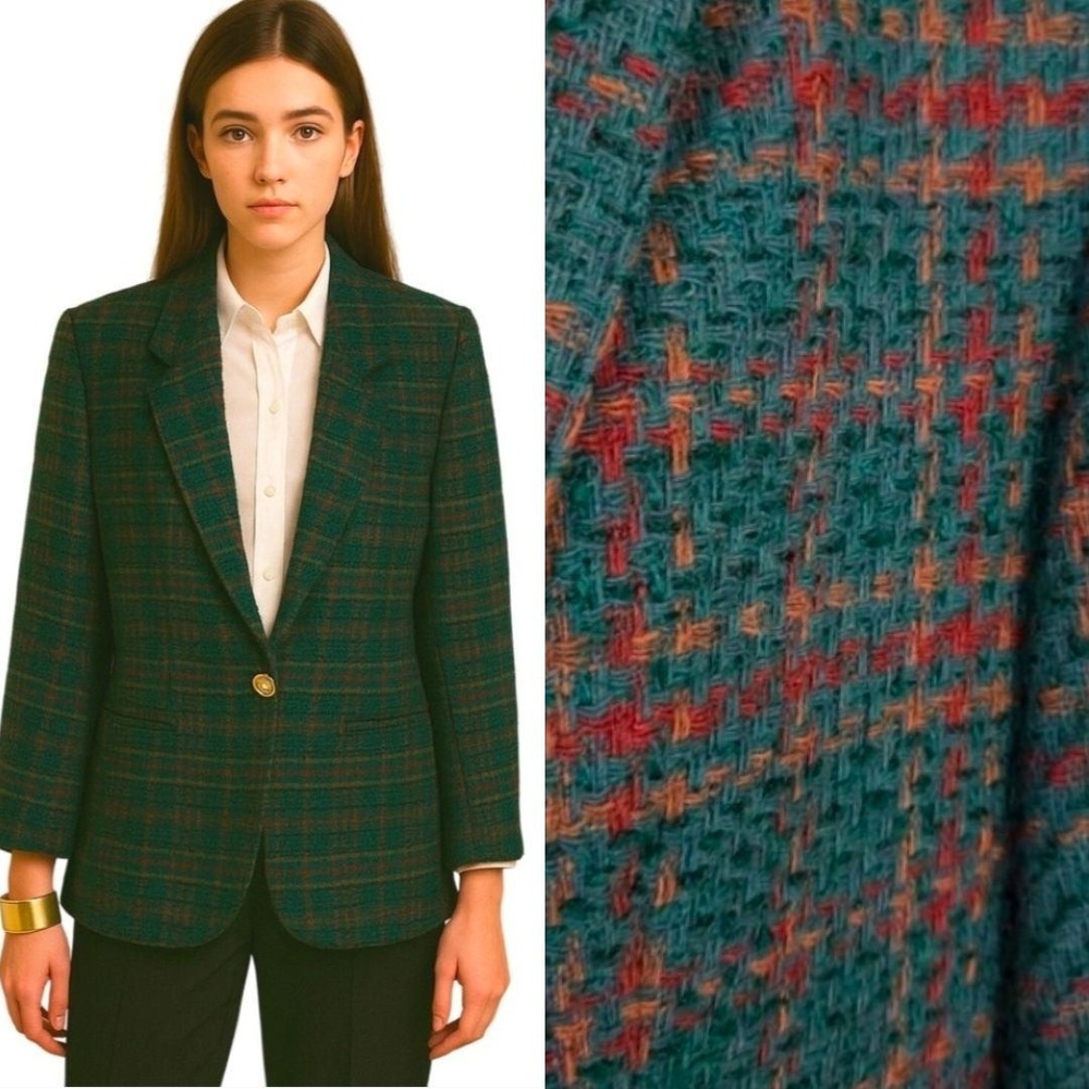 RUSS 80s Union Label Plaid Wool Blend Blazer Jacket Green Gold Button Women's‎